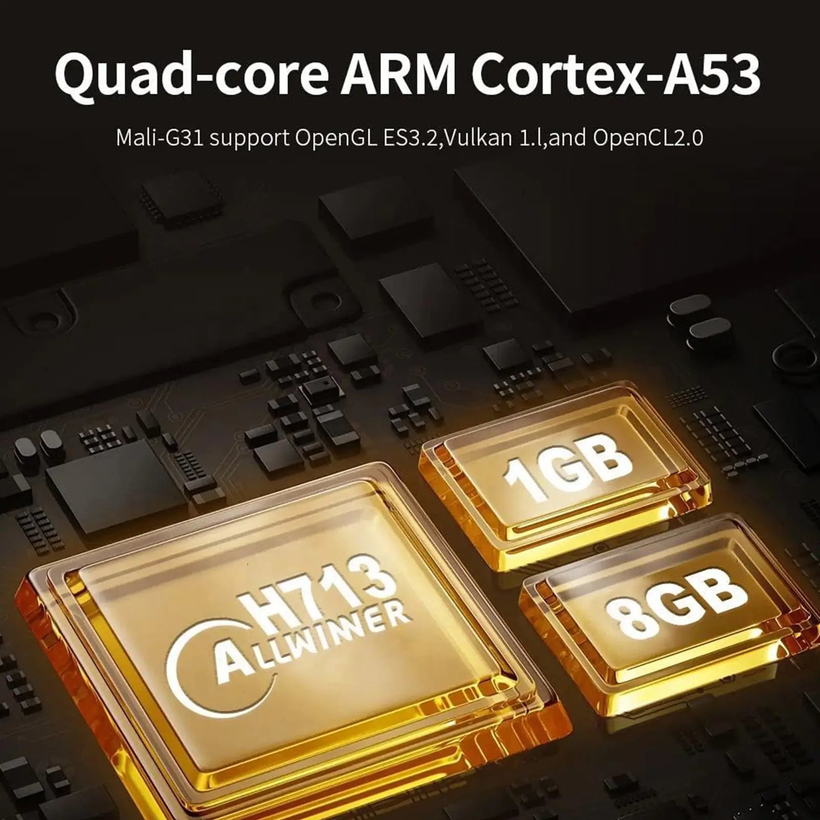 A detailed graphic of the powerful Allwinner H713 quad-core processor inside the K1 projector, ensuring fast and smooth performance.