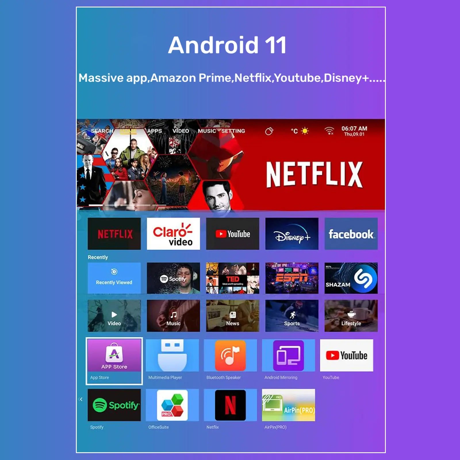 An image of the K1 projector's Android 11 smart OS interface, displaying popular streaming apps like Netflix, YouTube, and Disney+.