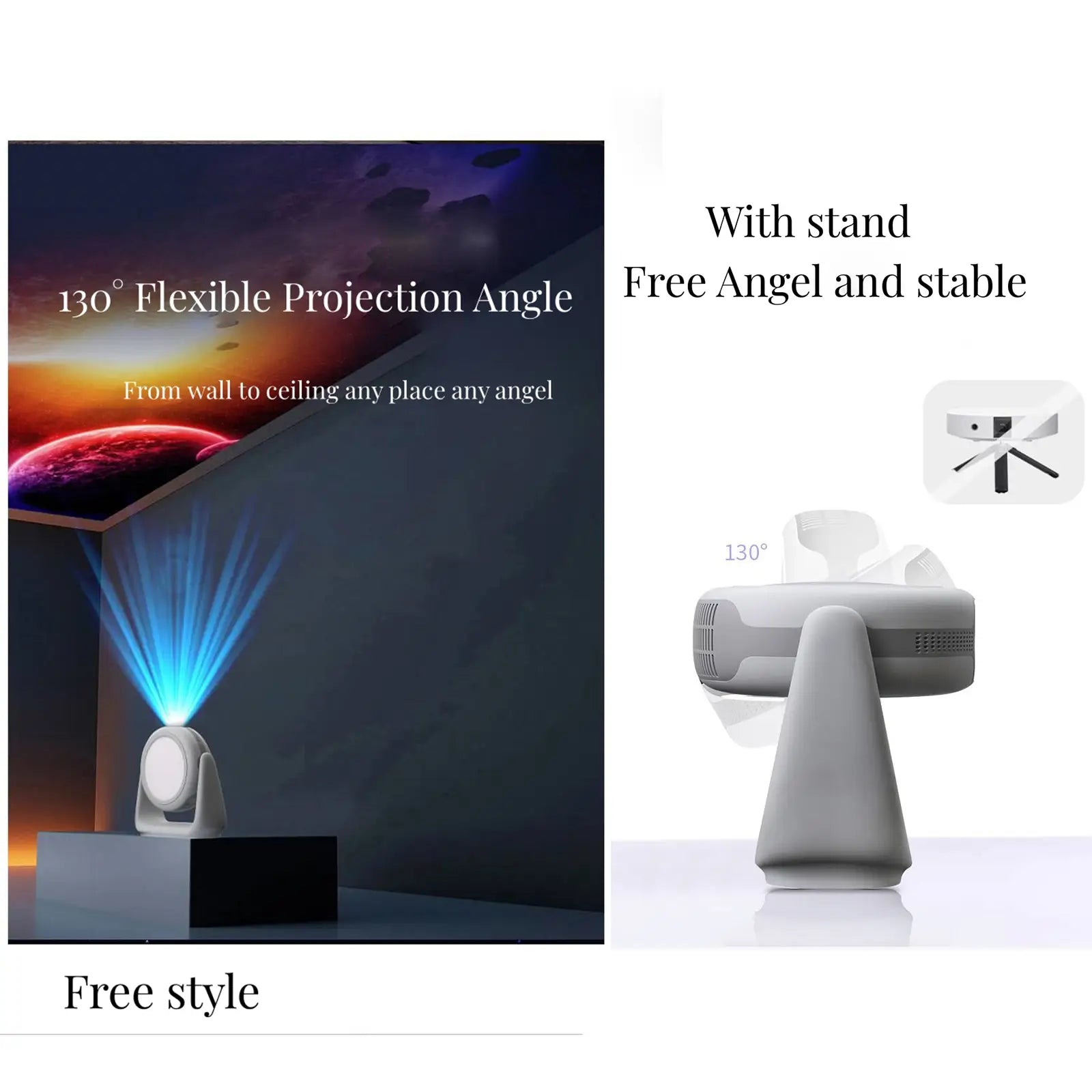 The K1 projector showcasing its 130-degree flexible projection angle, making it easy to aim and watch movies on the ceiling.