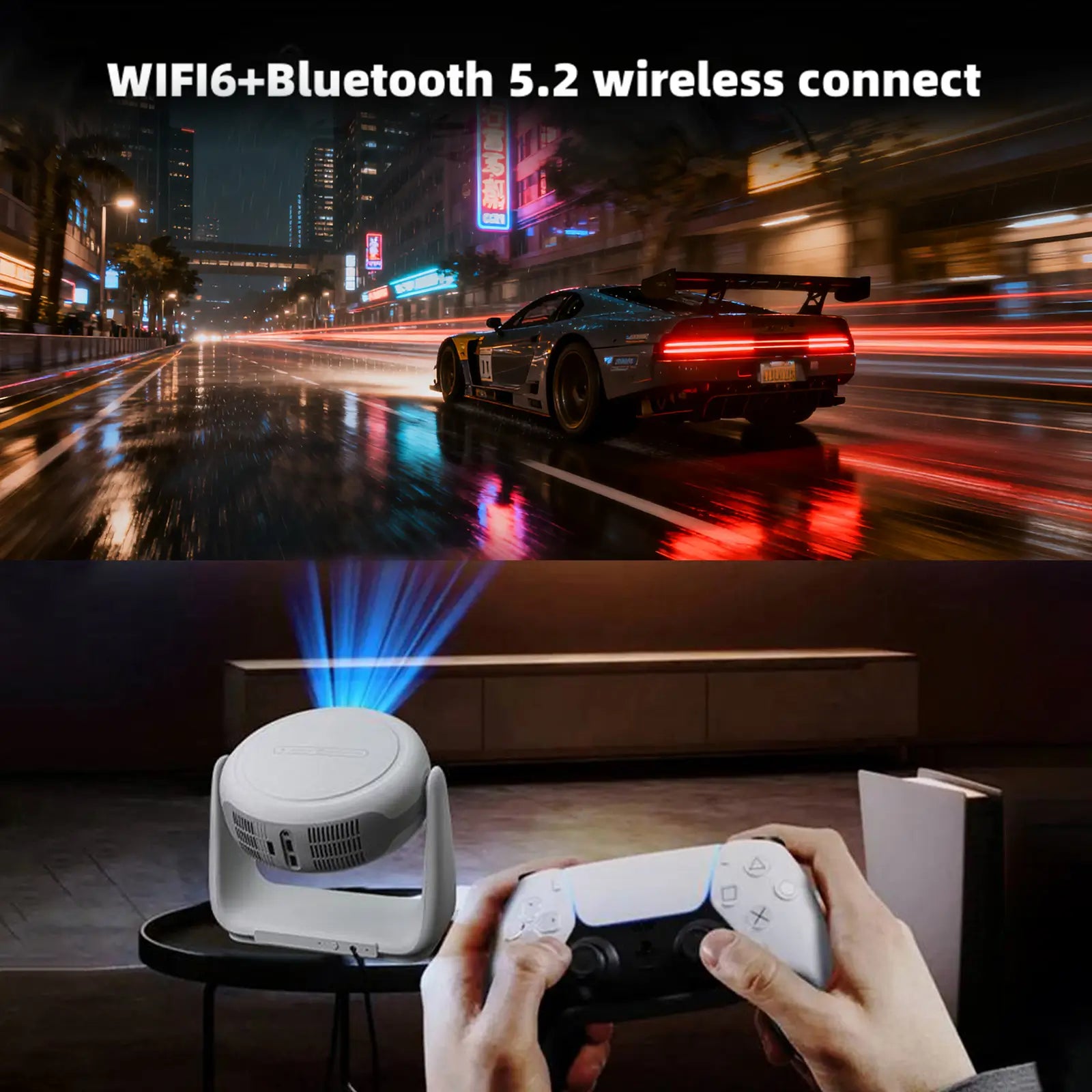 The K1 projector demonstrating a low-latency gaming experience with its WiFi 6 and Bluetooth 5.2 wireless connectivity.