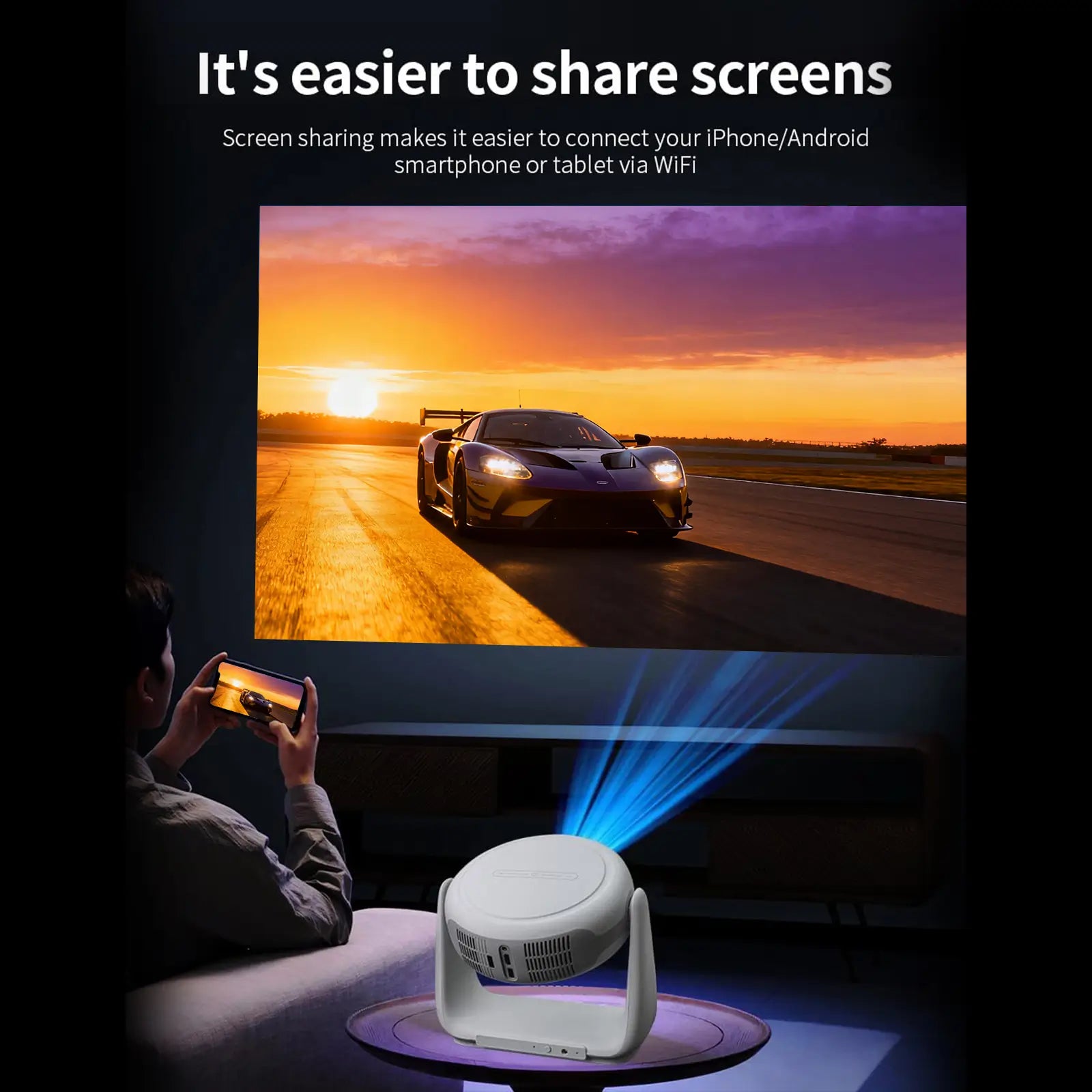 Smart Projector with Colorful Ambient Light | Native 1080P, 4K Supported | Portable with WiFi, BT & 5200mAh Battery | Auto Focus & 360° Stand |Geitepor K1