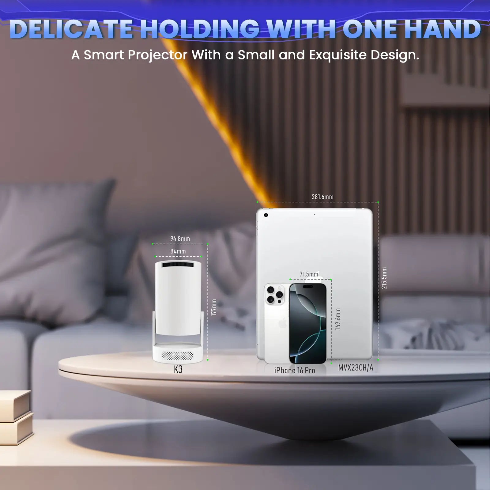 A size comparison of the small and exquisite K3 projector next to an iPhone and a tablet, highlighting its compact design for easy one-handed holding.