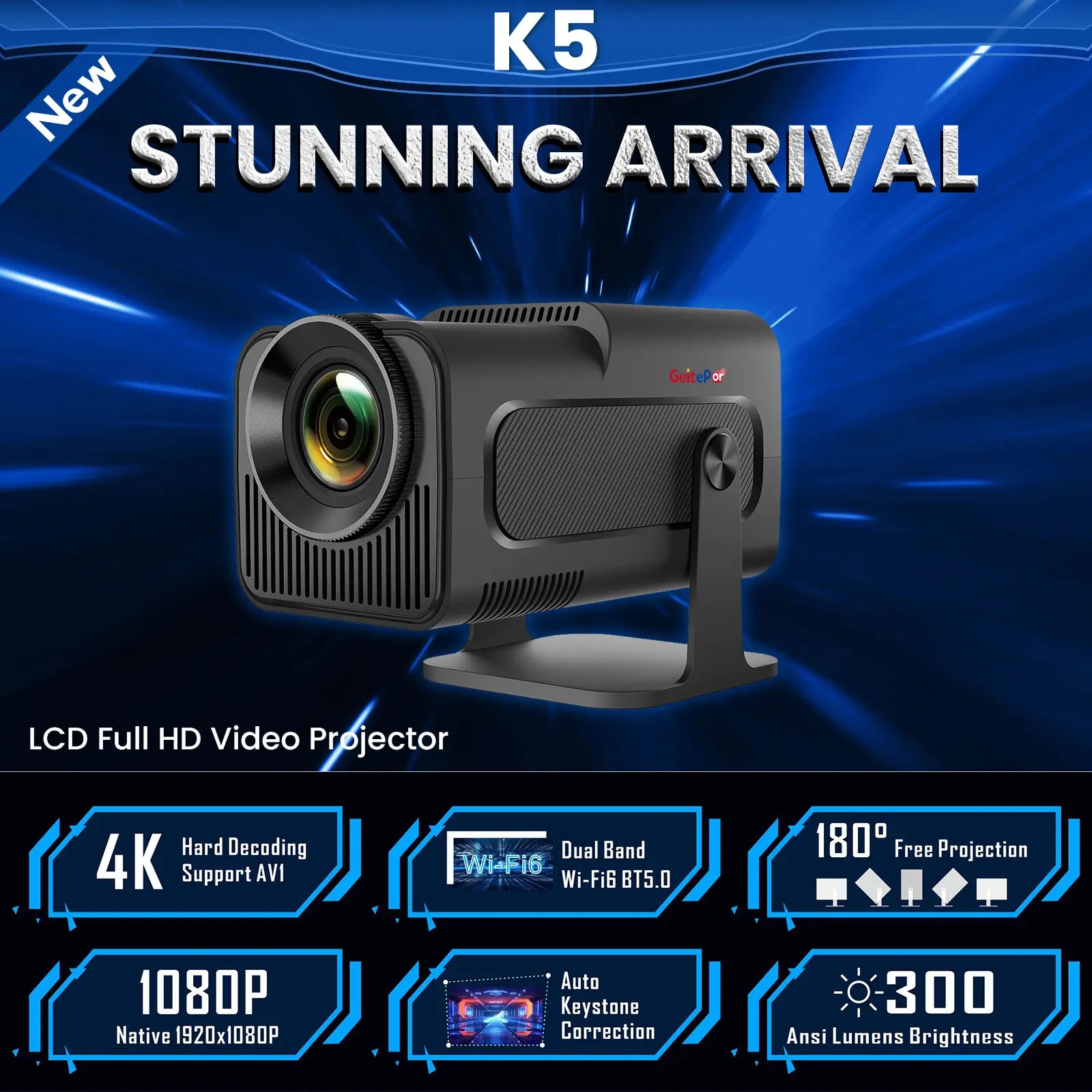 K5 Mini Projector promotional image showing 1080P resolution, 300 ANSI lumens brightness, WiFi 6, Bluetooth 5.0, 4K decoding and auto keystone correction