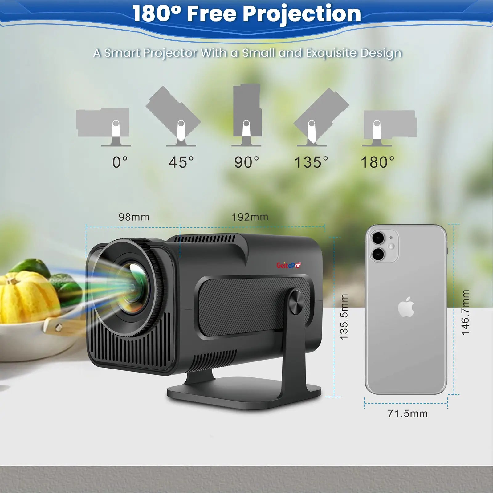 K5 Mini Projector with 180 degree free projection angles and compact design, shown alongside iPhone for size comparison