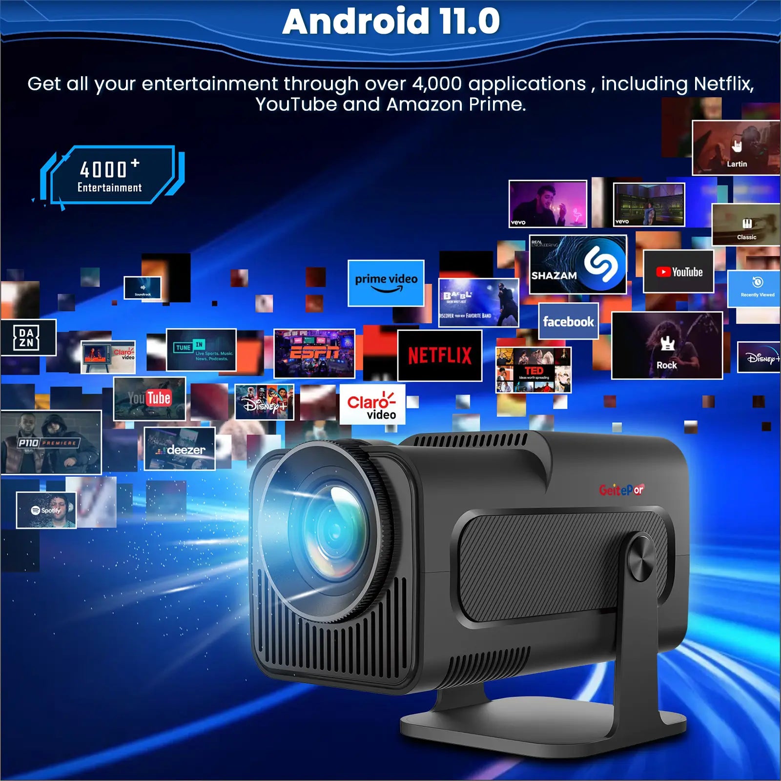 K5 Mini Projector with Android 11 smart system supporting 4000+ apps including Netflix, YouTube, Prime Video, Disney+ and more