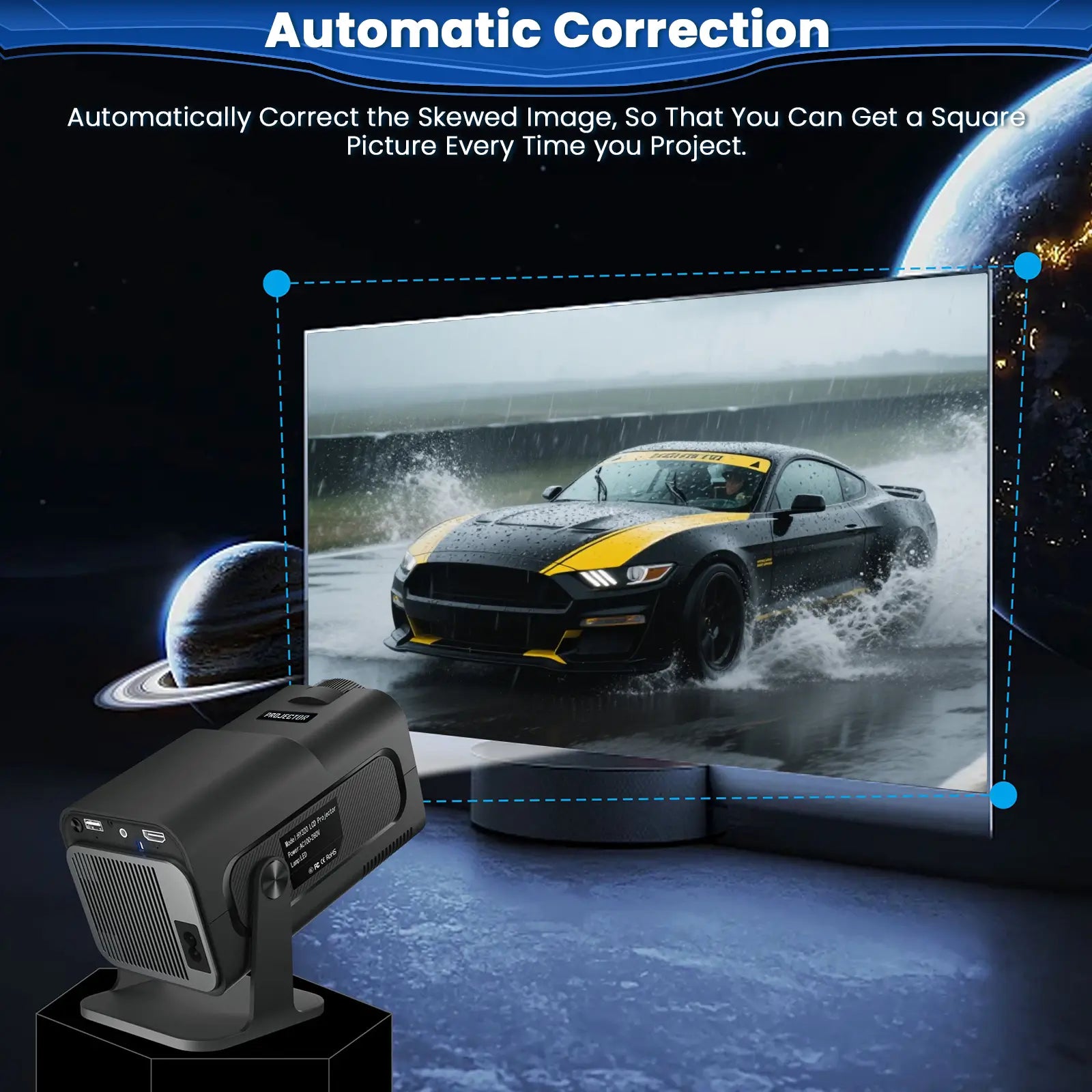 K5 Mini Projector with automatic keystone correction, auto adjust skewed images to deliver a perfect square picture every time
