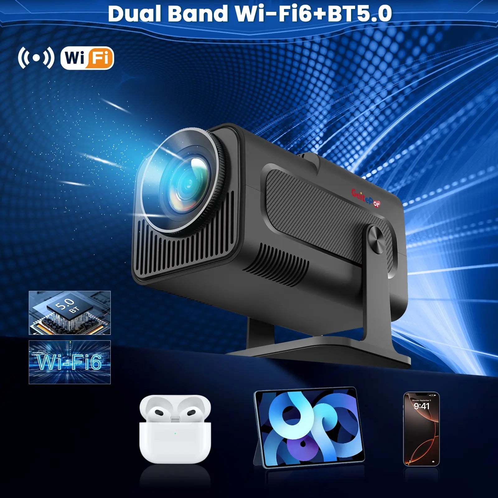 K5 Mini Projector with dual band Wi-Fi 6 and Bluetooth 5.0 for seamless wireless connection to earbuds, tablets, and smartphones