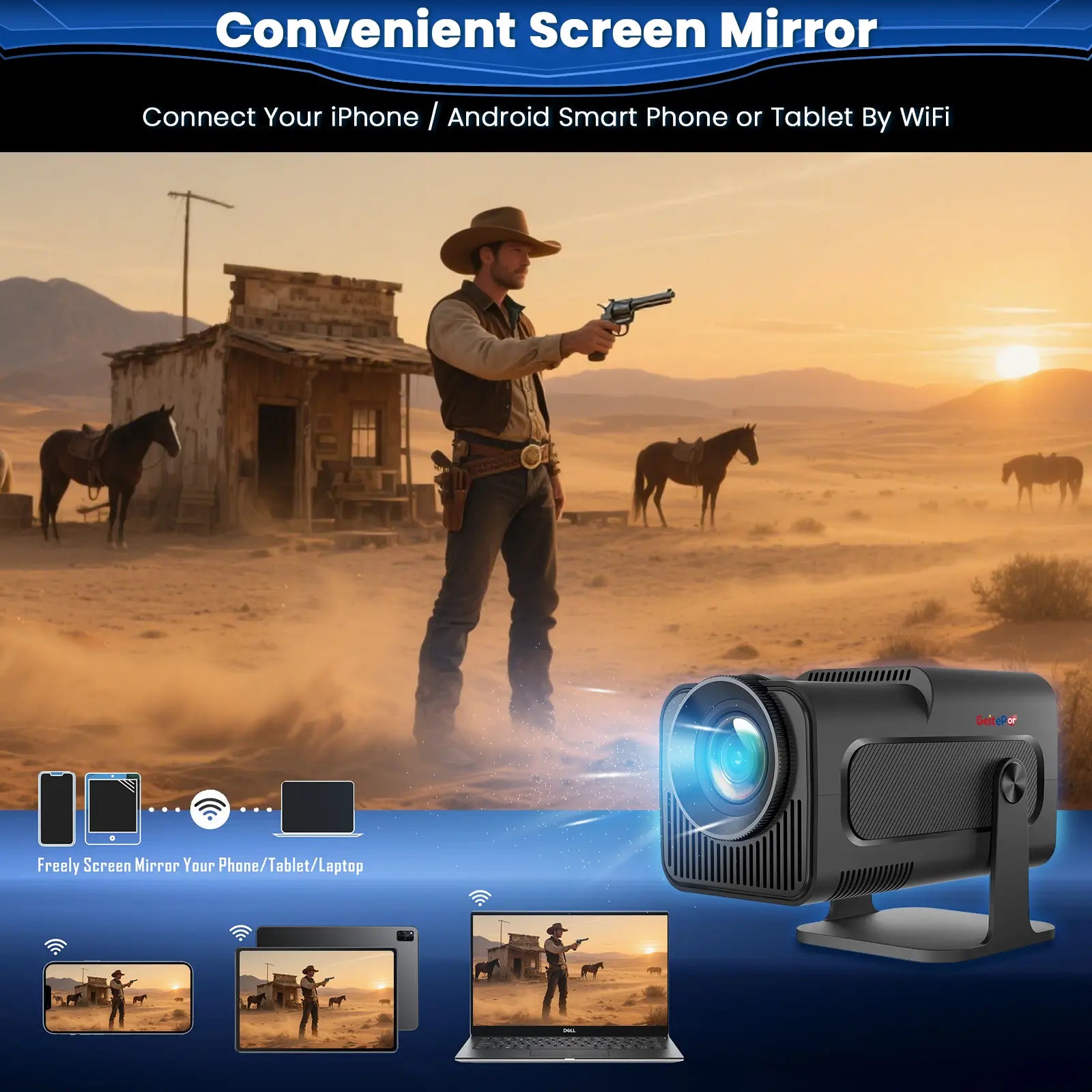 K5 Mini Projector with convenient screen mirroring, connect iPhone, Android smartphone, tablet or laptop via WiFi for seamless big screen viewing