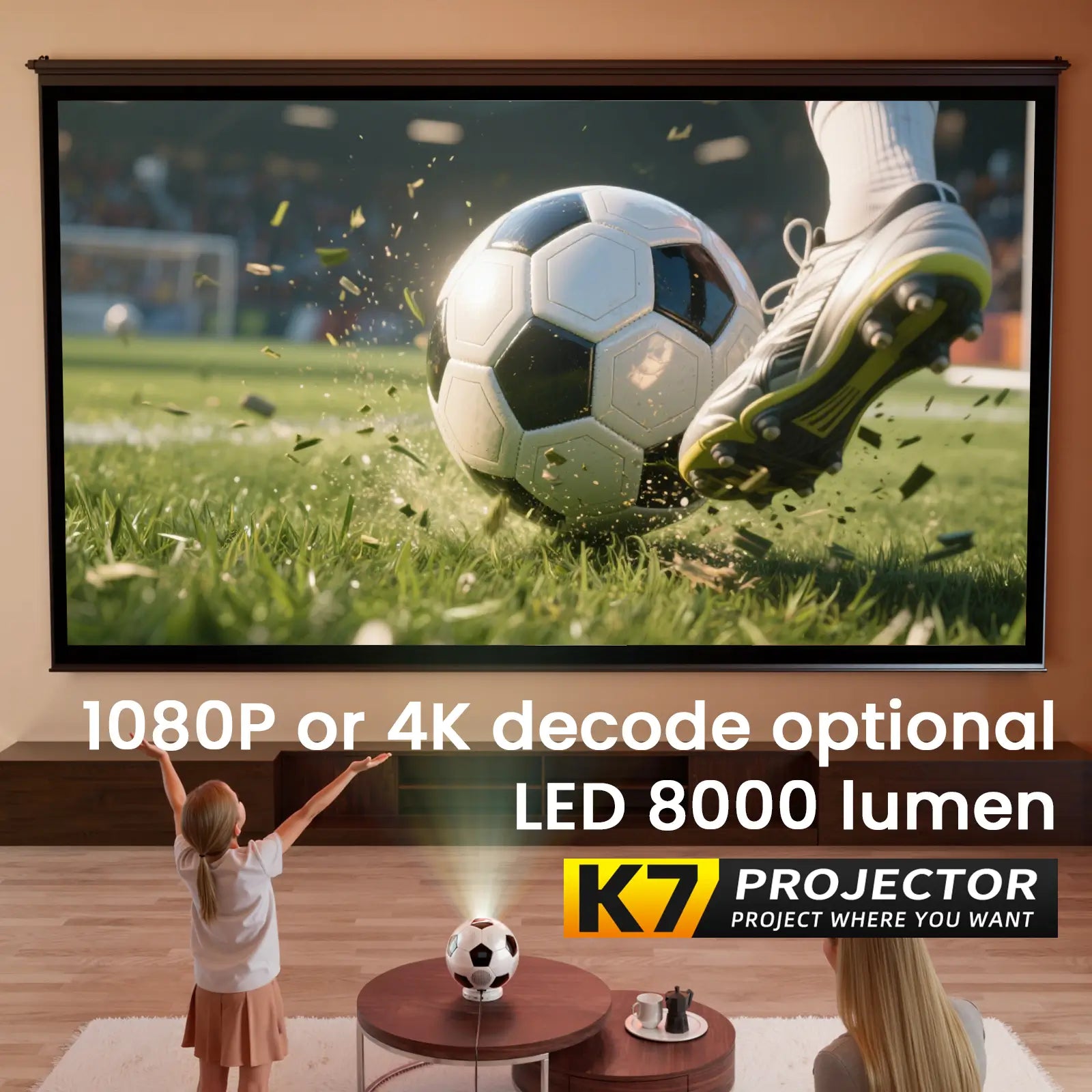 A family watching a bright, high-definition 1080p soccer match on a large screen projected by the K7 home cinema projector.