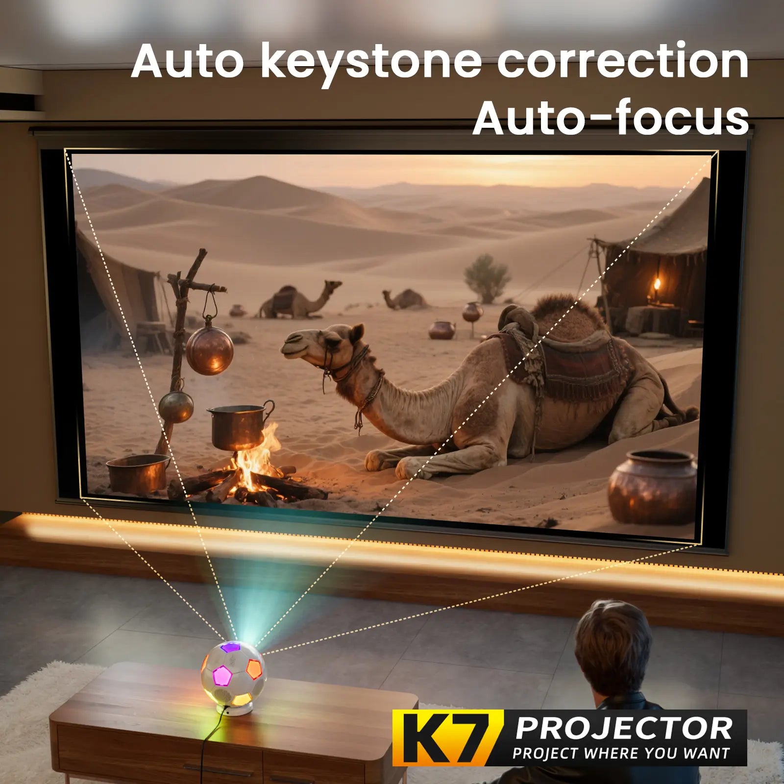 Demonstration of the K7 projector's auto-focus and auto keystone correction features, ensuring a perfectly clear and rectangular image automatically.