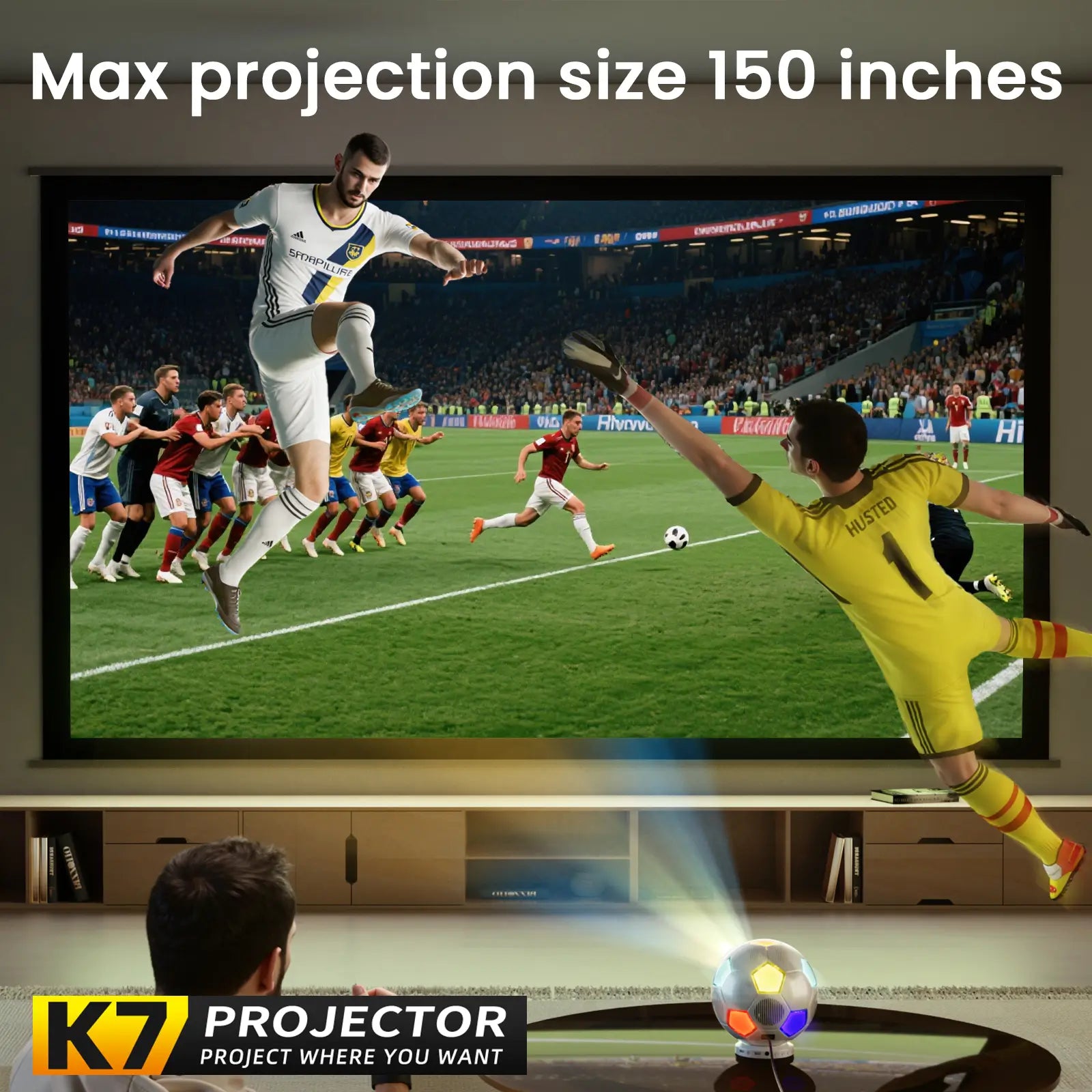 A man watching an exciting soccer match on a massive 150-inch screen, showcasing the large projection size of the K7 home theater projector.