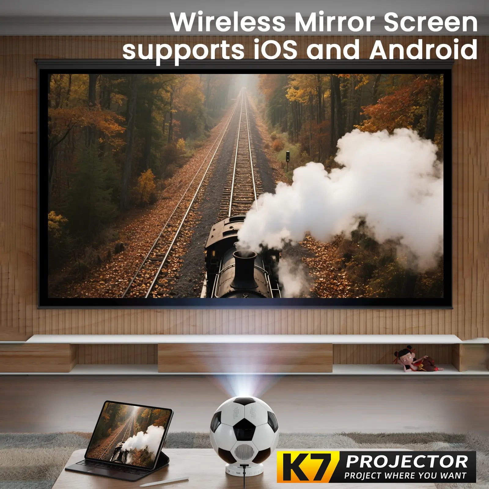 The K7 projector wirelessly mirroring the screen of a tablet, demonstrating its seamless support for both iOS and Android devices.