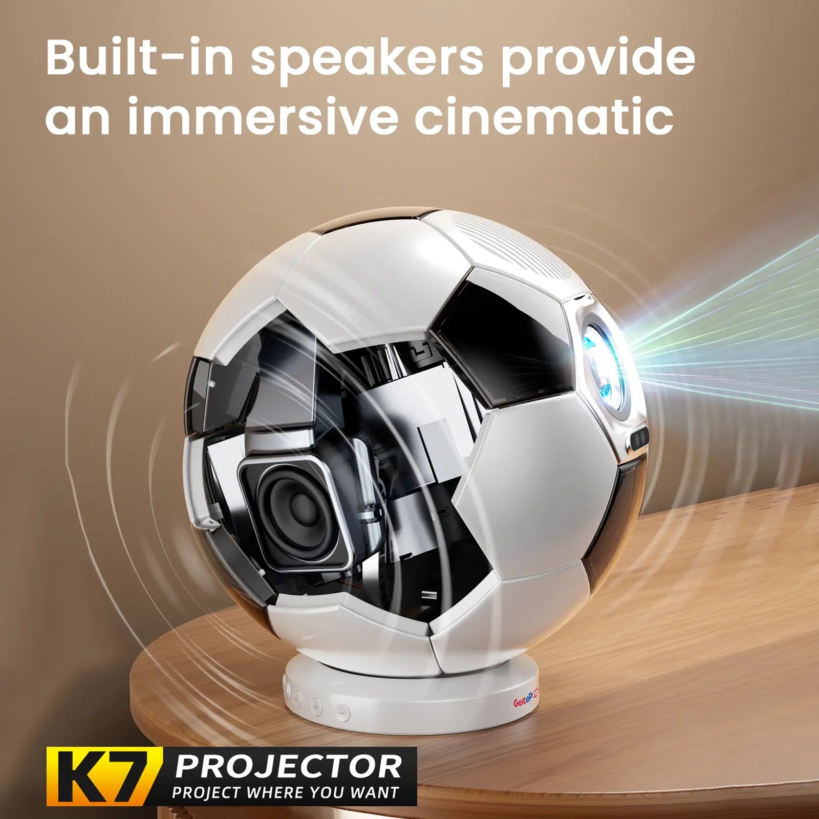 A cutaway view of the K7 soccer ball projector showing its powerful built-in speaker that provides immersive cinematic audio.
