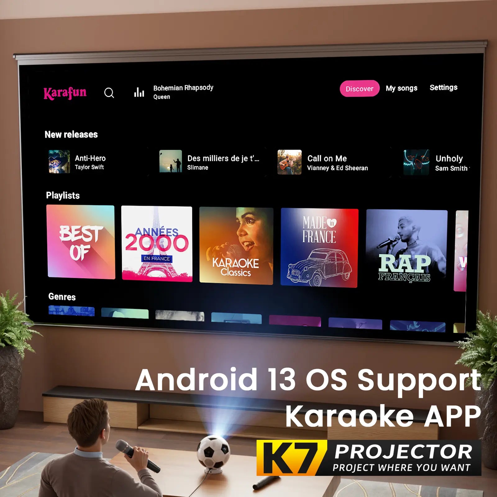 A large screen projected by the K7 showing the user interface of a karaoke app, highlighting its Android 13 smart operating system.