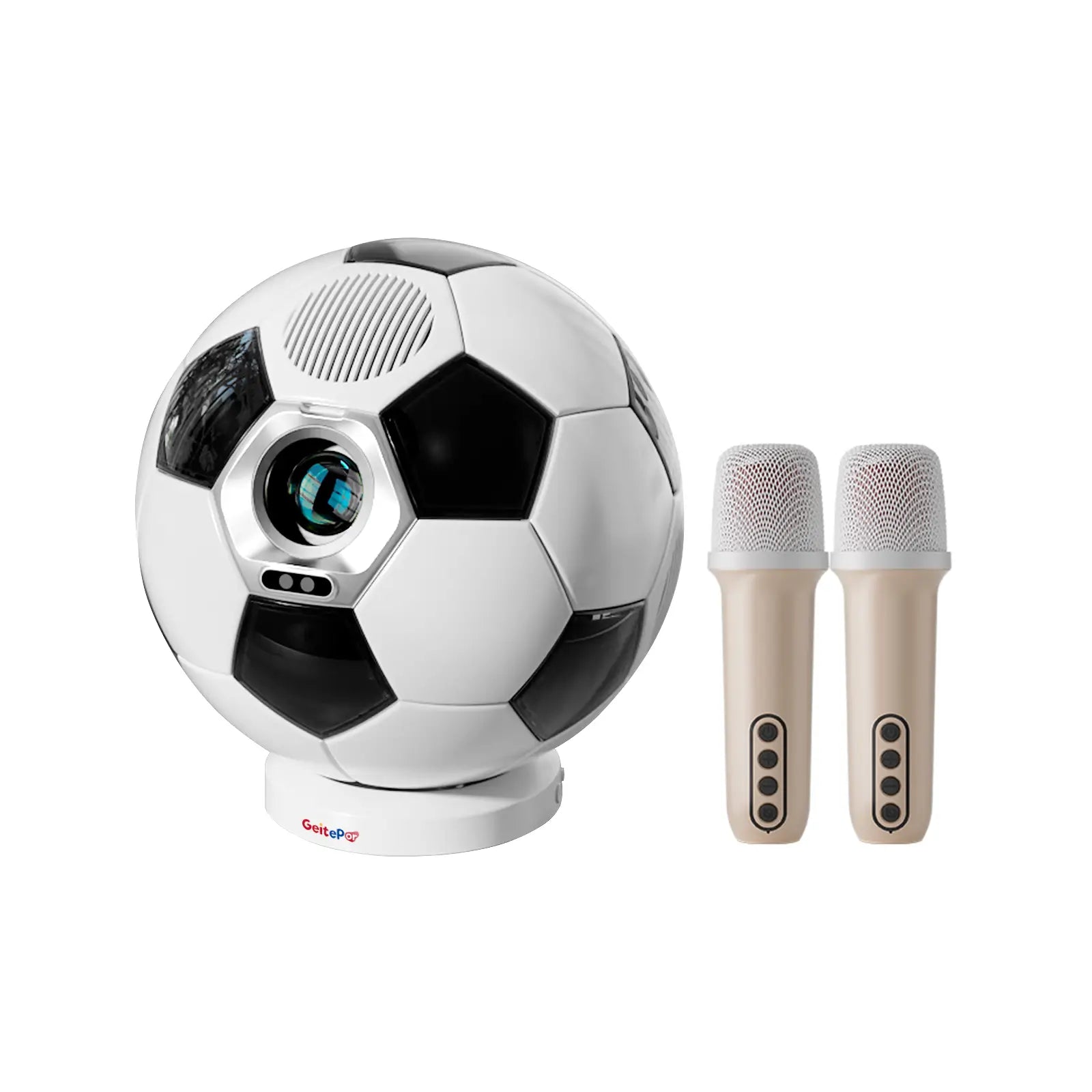 The K7 soccer ball shaped smart projector shown with its two included wireless karaoke microphones on a white background.