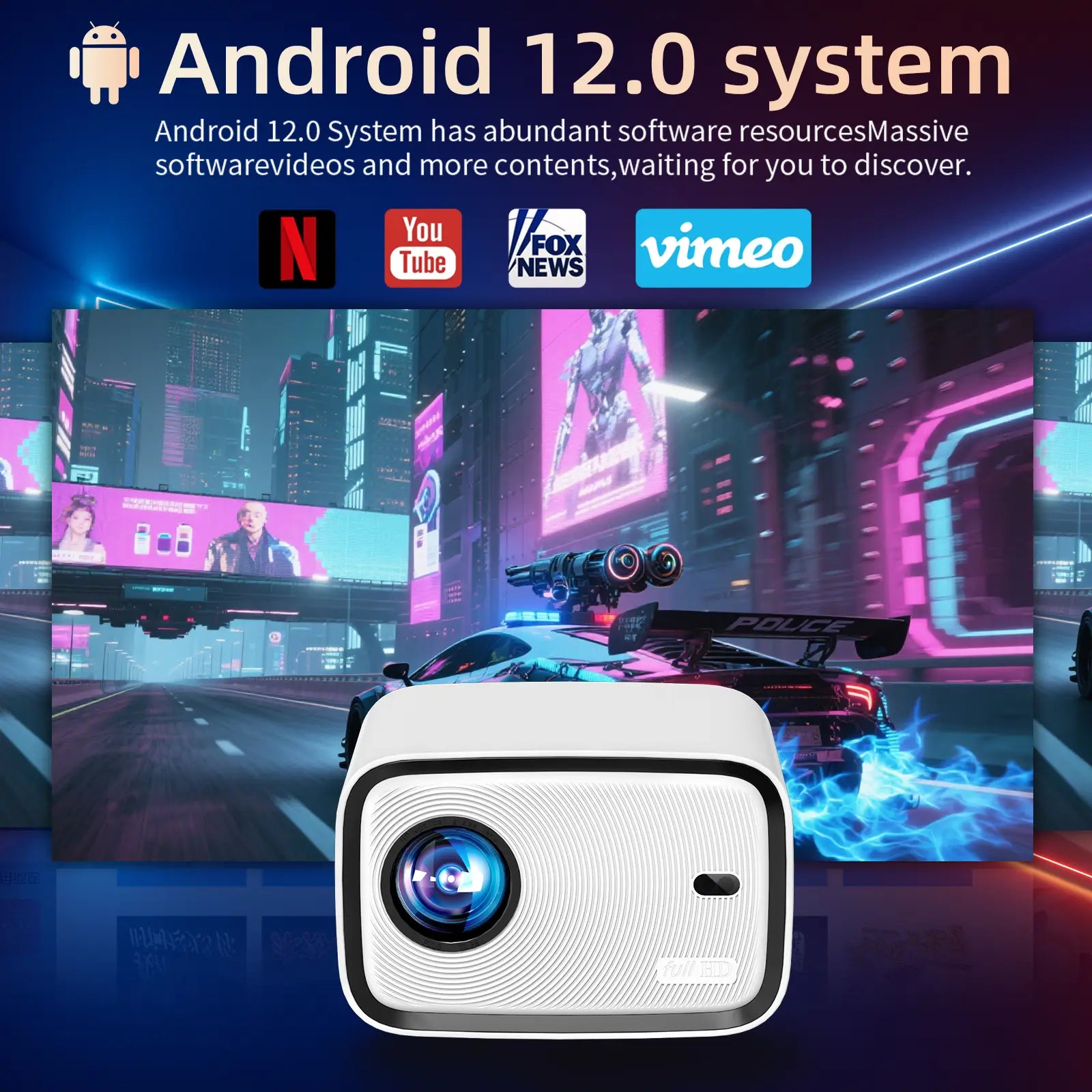 LJ3 smart projector with Android 12.0 system, built-in apps like Netflix, YouTube, and Vimeo for home theater entertainment
