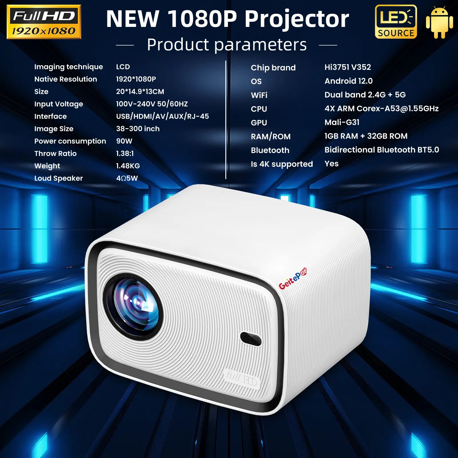 LJ3 smart projector specifications with Full HD 1080P resolution, Android 12, dual-band WiFi, Bluetooth 5.0, 1GB RAM and 32GB ROM