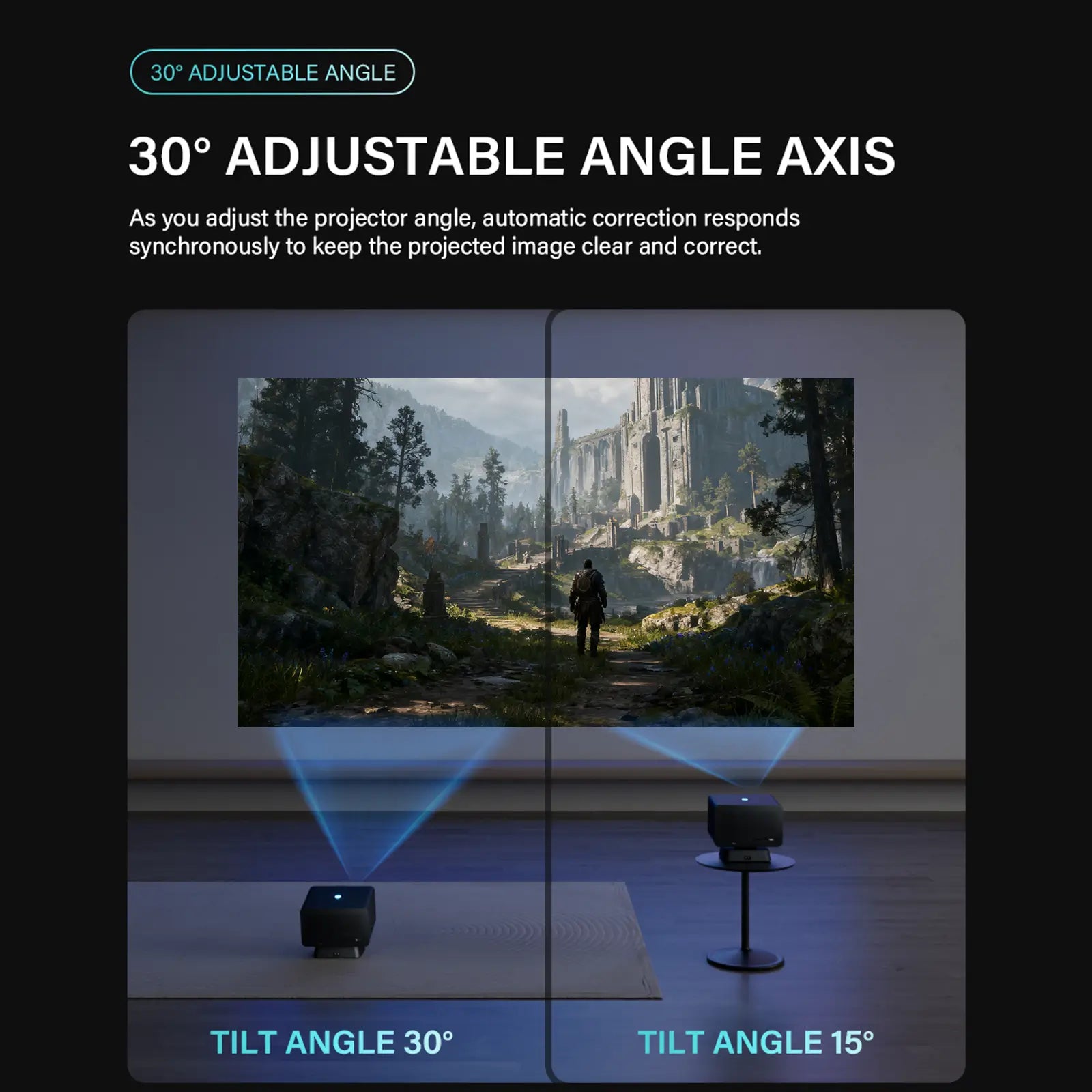 Demonstration of the P50 projector's 30-degree adjustable angle, showing how the automatic keystone correction keeps the image perfectly rectangular even when tilted.