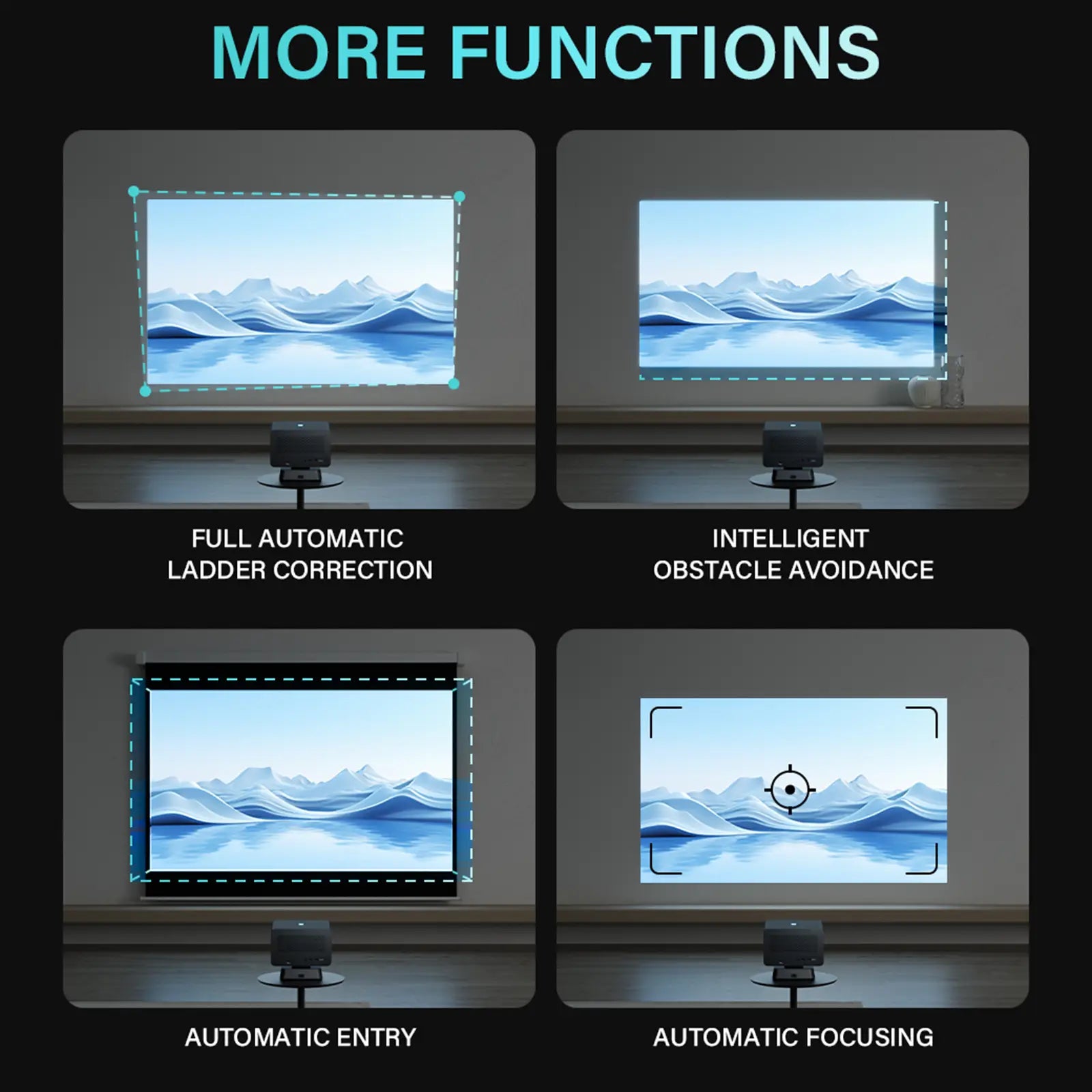 A four-panel graphic displaying the P50 projector's smart functions: full automatic keystone correction, intelligent obstacle avoidance, automatic screen entry, and automatic focusing.