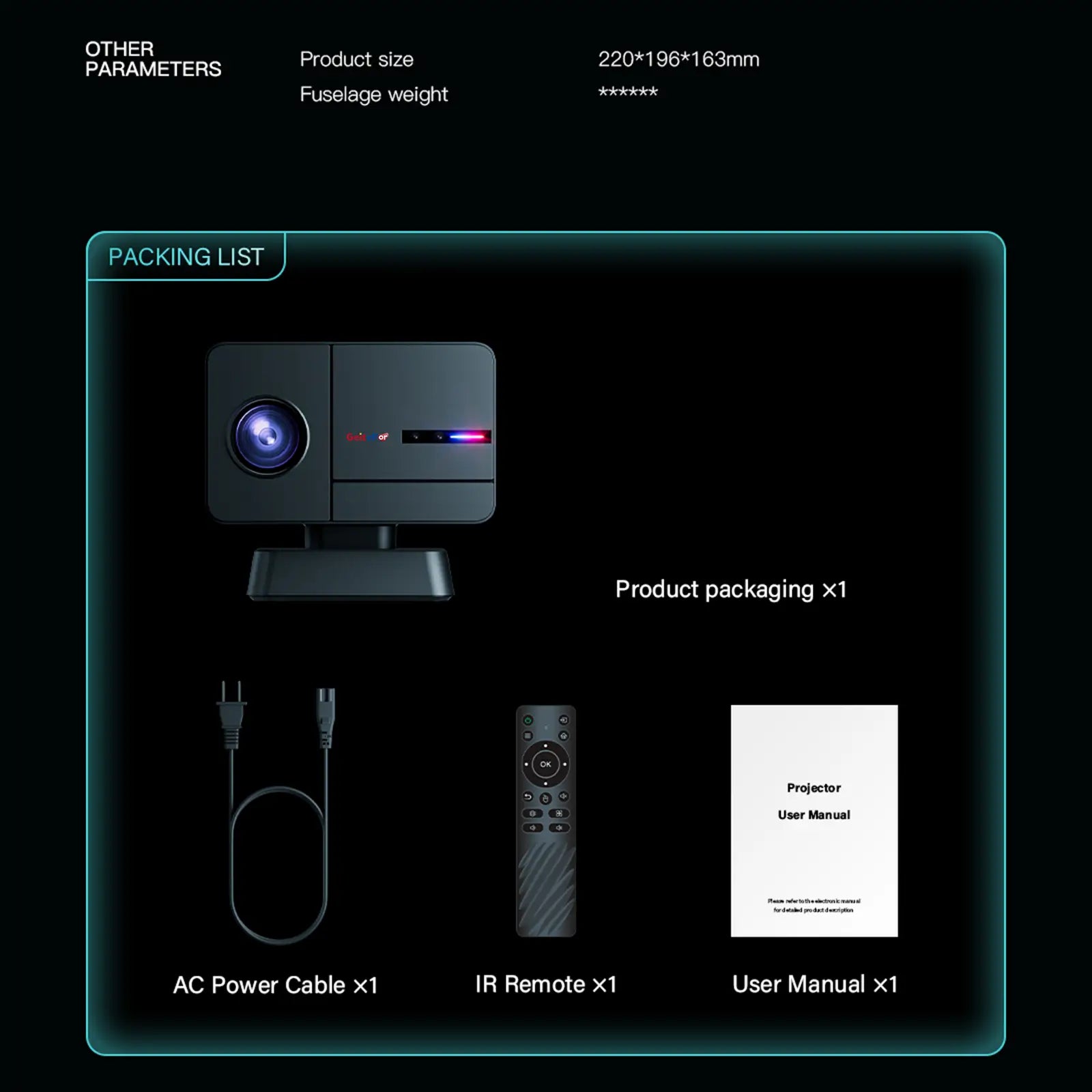 An image displaying the full packing list for the P50 projector, which includes the projector itself, an AC power cable, an IR remote, and a user manual.