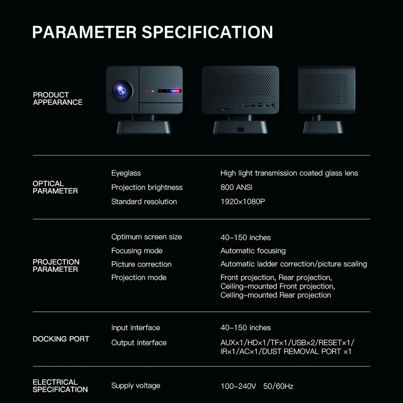 A complete technical specification sheet for the P50 projector, listing its optical parameters, projection details, and docking ports.