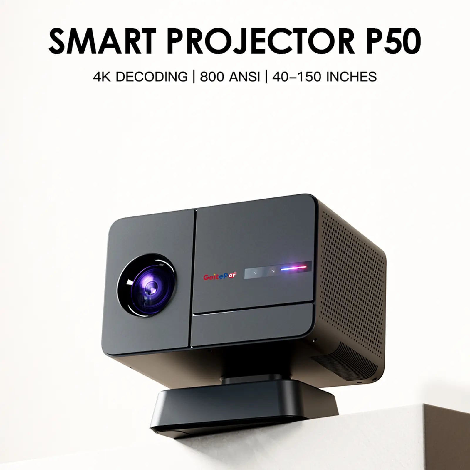 A sleek, black P50 smart projector showing its lens and design, with text highlighting its 4K decoding and bright 800 ANSI lumens.