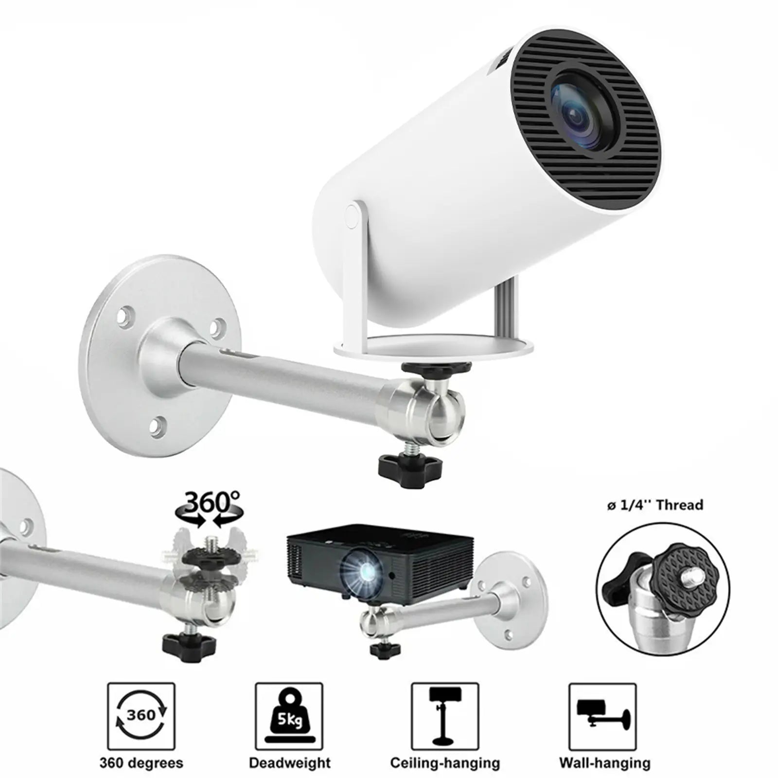 A showcase of the projector mount's features, including its 360-degree rotation, 5kg weight capacity, and its compatibility with both wall and ceiling mounting.