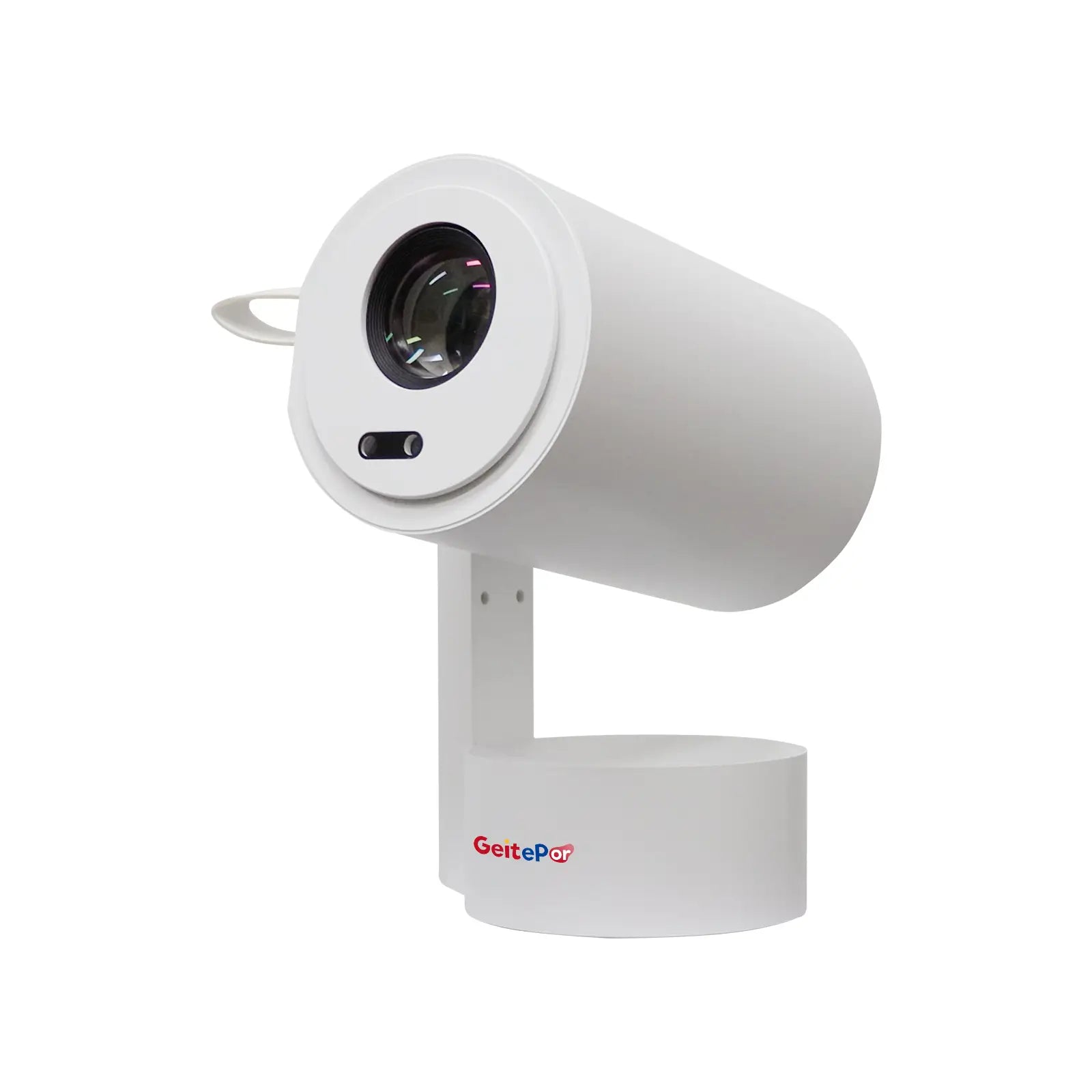 A clean product photo of the white R3P portable smart projector, showing its compact, can-style design and integrated stand.