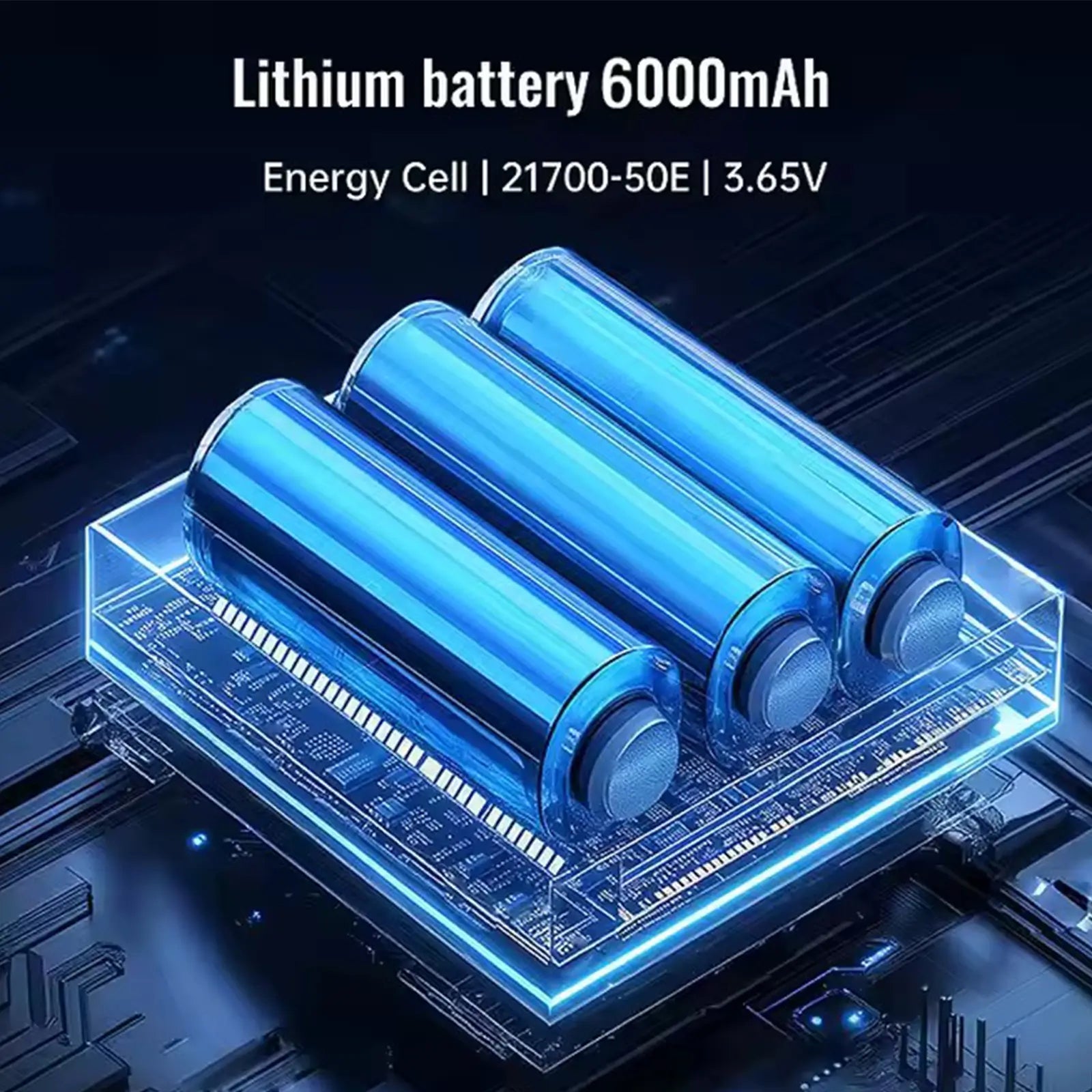 A close-up graphic of the powerful 6000mAh lithium battery inside the R3P projector, highlighting its long-lasting portable power.
