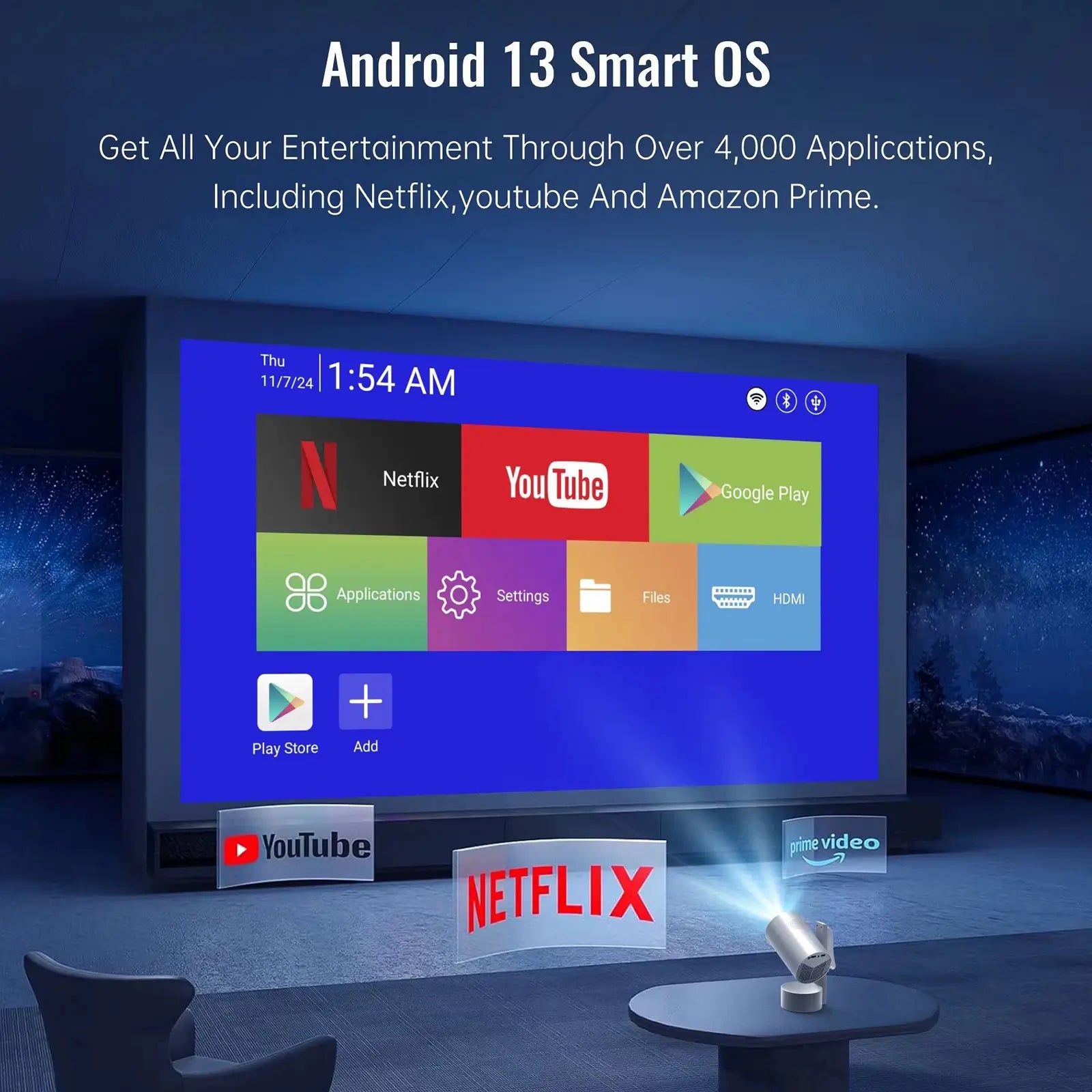 An image of the R3P projector's Android 13 smart OS interface, displaying built-in applications like Netflix, YouTube, and Amazon Prime Video.