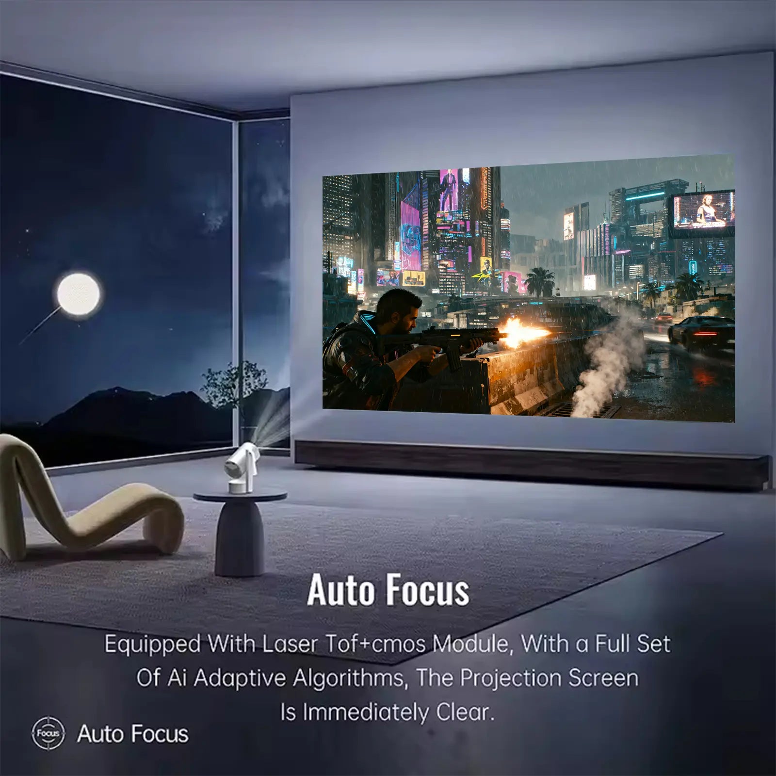The R3P projector using its advanced laser auto focus to project a crystal-clear gaming scene onto a large wall in a modern living room.