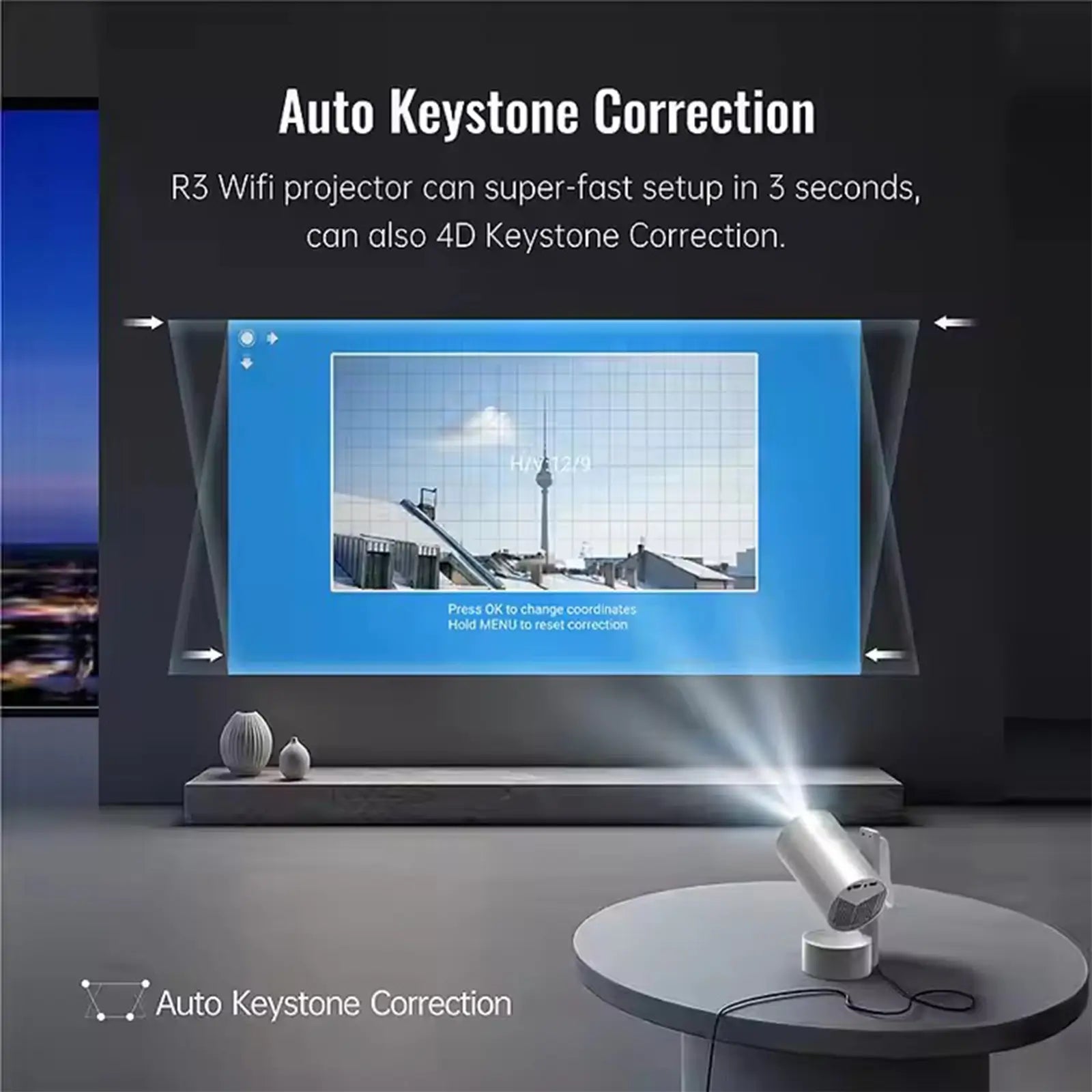 Demonstration of the R3P projector's fast auto keystone correction, which automatically creates a perfectly rectangular image in seconds.