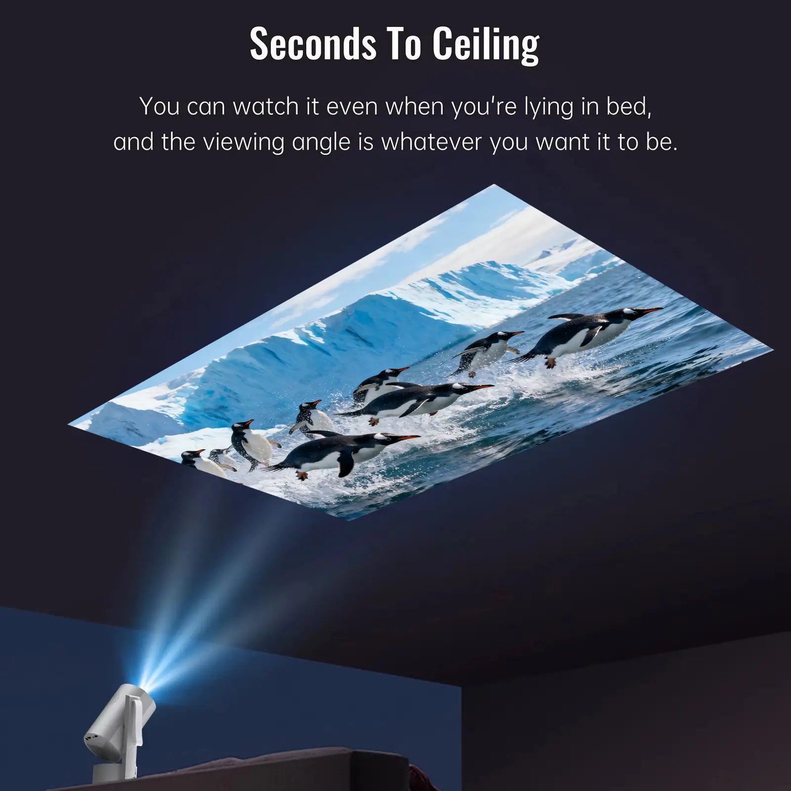 The R3P projector effortlessly projecting a vibrant image of penguins onto a bedroom ceiling, showcasing its 
