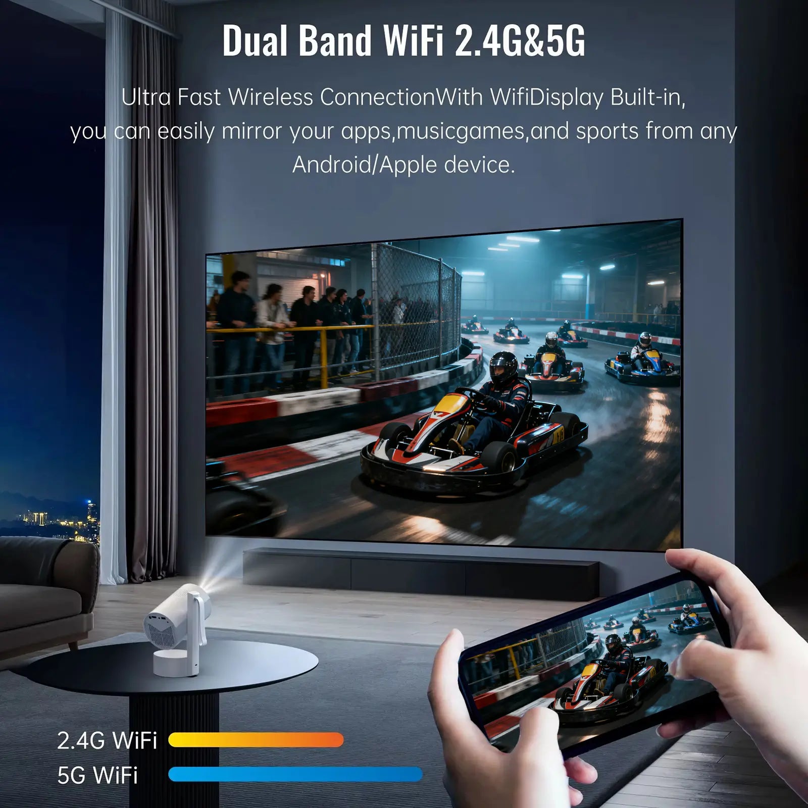 Demonstration of the R3P projector's dual-band 2.4G & 5G WiFi, showing smooth screen mirroring of a racing game from a smartphone.