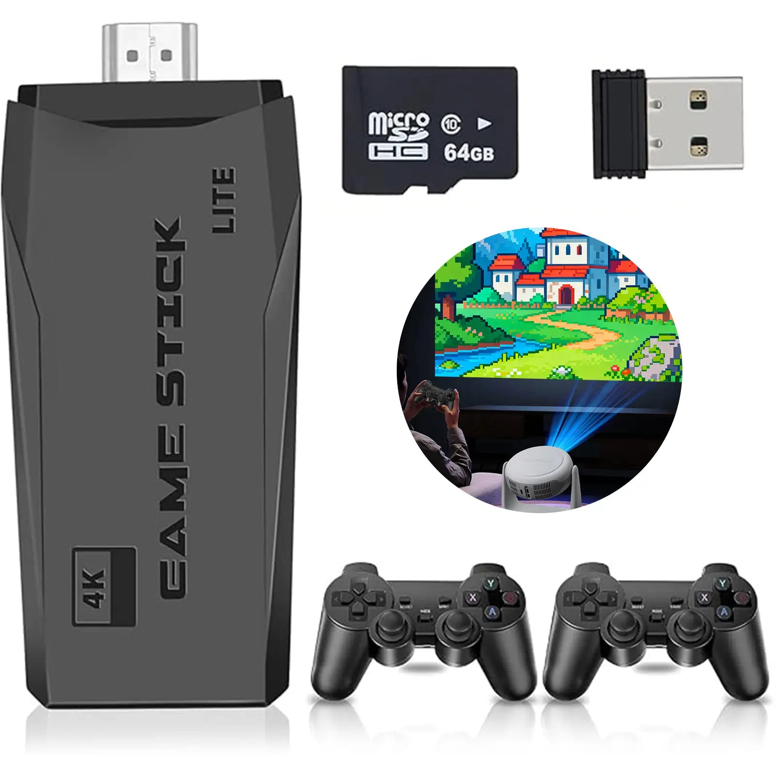 The Game Stick Lite 4K retro game console shown with two wireless controllers, a 64GB TF card, and an inset image of it being used with a projector.