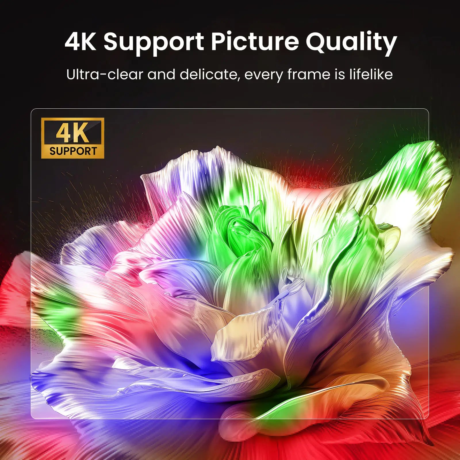 A demonstration of the T8 projector's 4K support, displaying an ultra-clear and lifelike picture of a colorful flower.