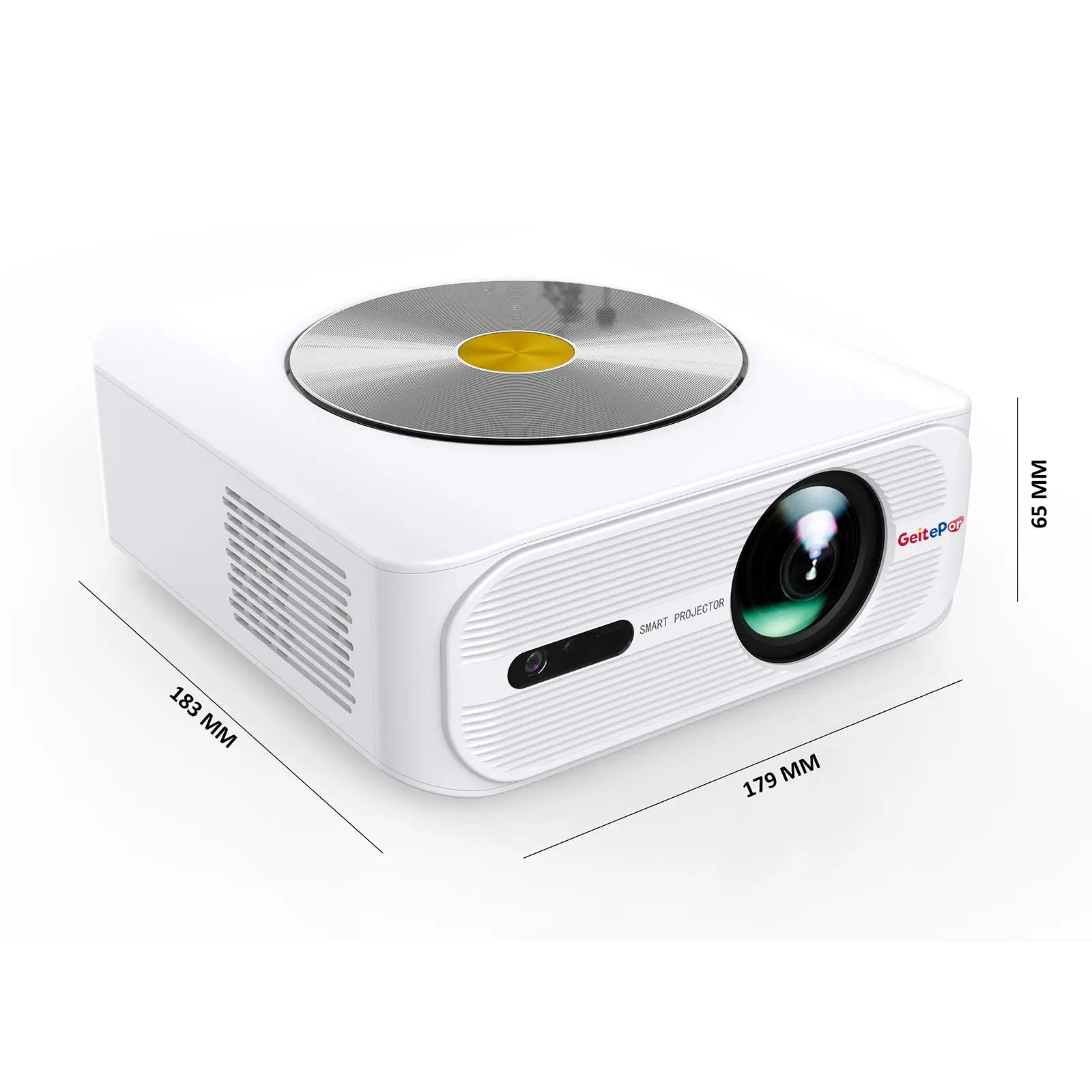 The T8 smart projector shown with its compact dimensions labeled: 183mm in length, 179mm in width, and 65mm in height.