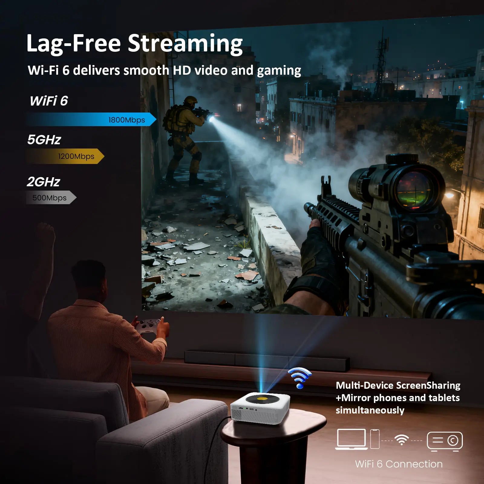 An image showcasing the T8 projector's lag-free streaming and gaming capabilities with its fast WiFi 6 connection and multi-device screen sharing.