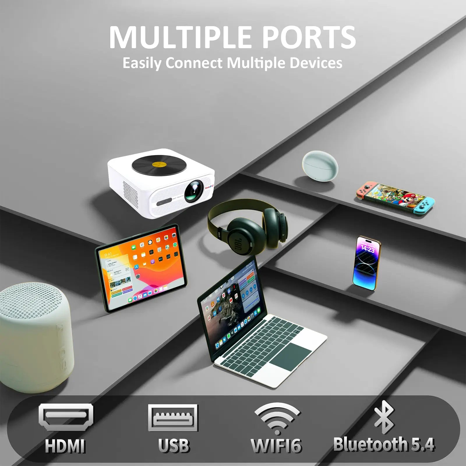 An infographic of the T8 projector's multiple connection options, including HDMI, USB, WiFi 6, and Bluetooth 5.4, with various compatible devices shown.