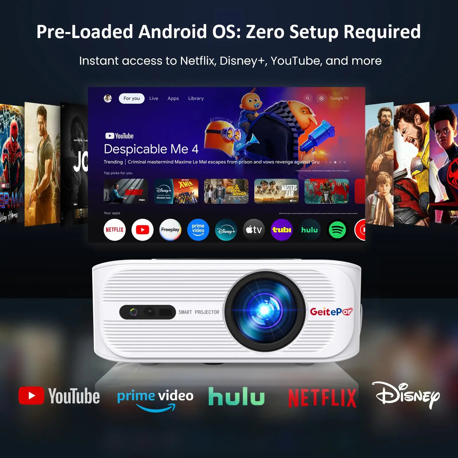 The T8 smart projector with its pre-loaded Android OS interface displayed above, showing instant access to streaming apps like Netflix, YouTube, and Disney+.