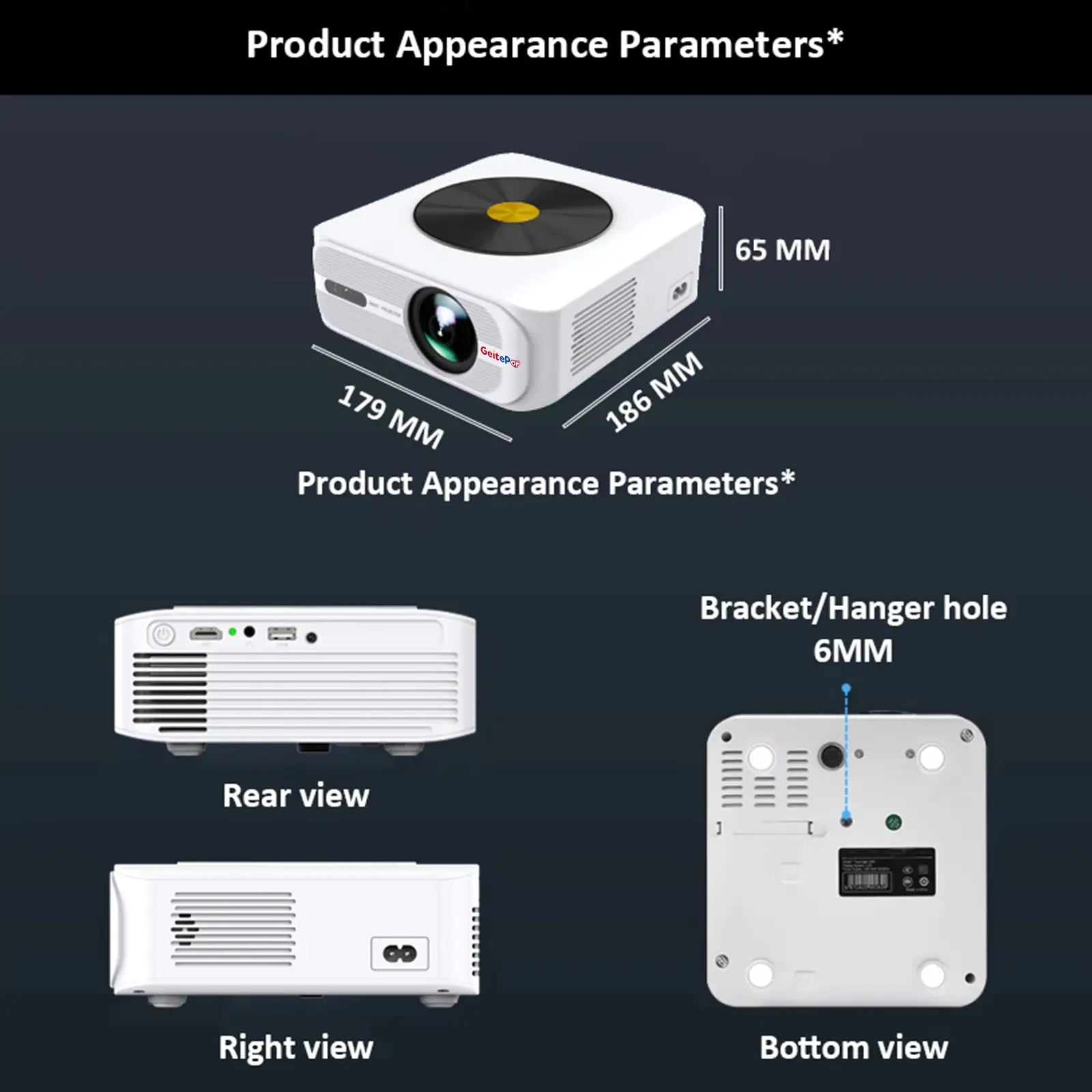 A detailed view of the T8 projector's appearance parameters, showing the rear, right, and bottom views, and highlighting the 6mm bracket hanger hole.