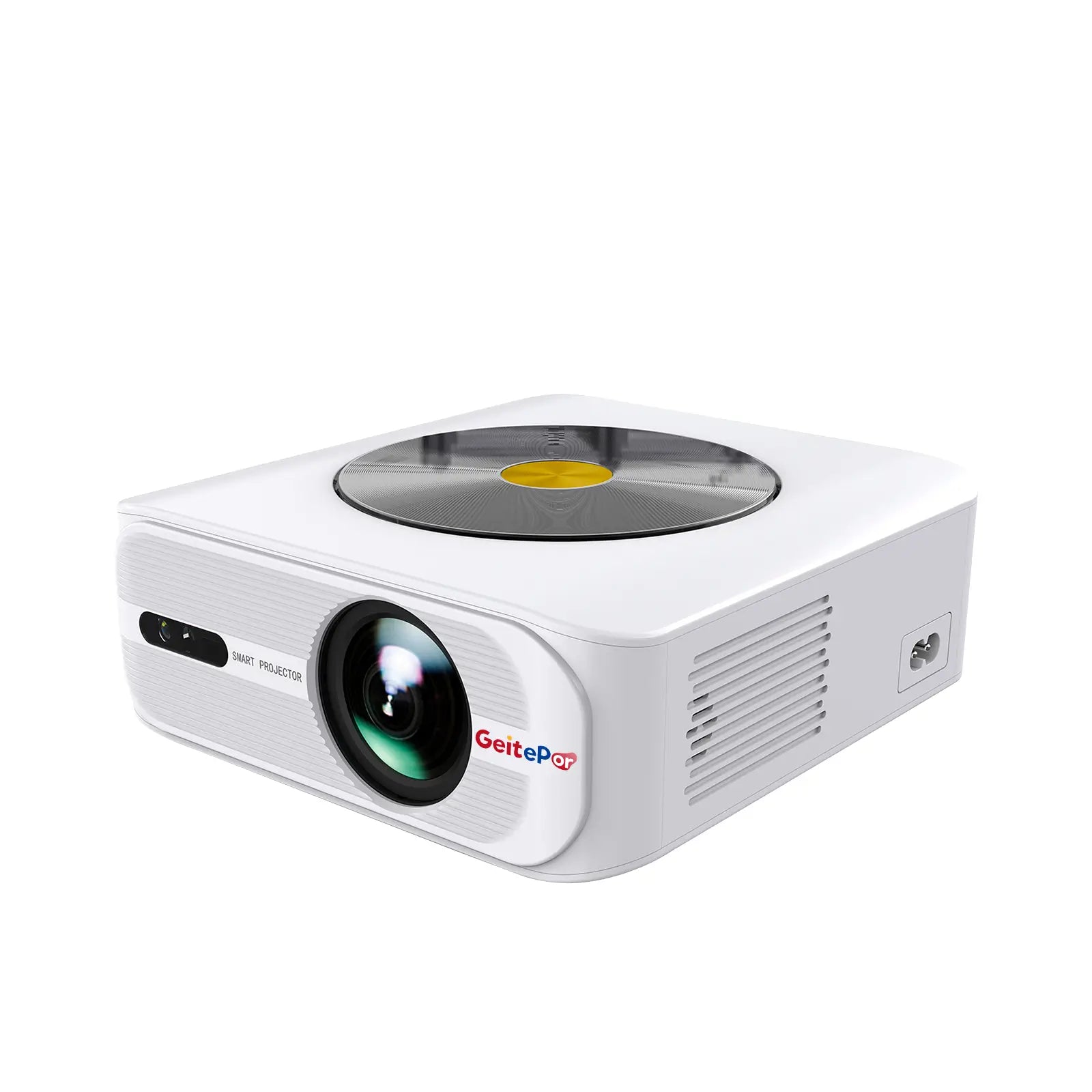 An angled product shot of the white T8 smart projector, showcasing its unique vinyl record-inspired design on a clean white background.
